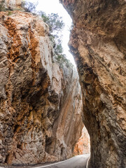 Small street into the mountain rocks in Sa Calobra, Palma de Mallorca, Balearic Island, Spain