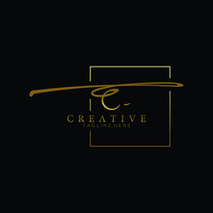 Stylish Letter E Gold Signature Logo Design Template with Squareline Background
