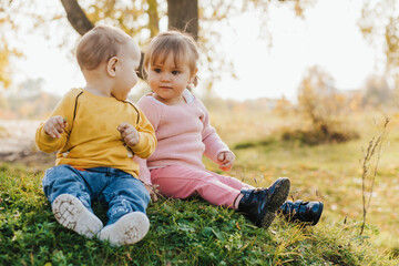 Fototapeta premium little girl and toddler boy sit on the grass against the backdrop of a beautiful forest. Beautiful yellow autumn in the park. Bright sunlight.