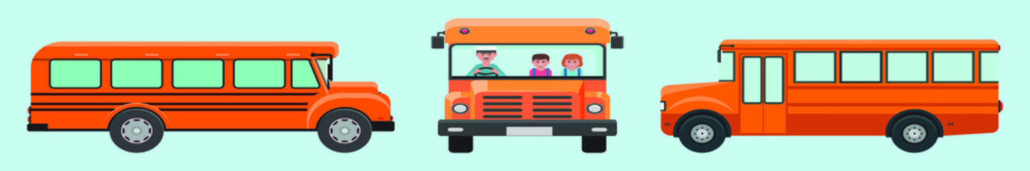 set of school bus cartoon icon design template with various models. vector illustration isolated on blue background