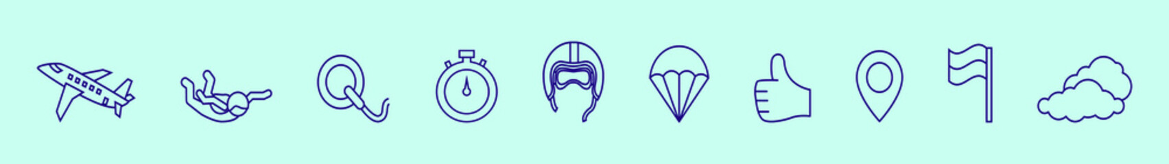 set of sky diving cartoon icon design template with various models. vector illustration isolated on blue background