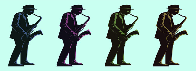 set of jazz man is playing on sax cartoon icon design template with various models. vector illustration isolated on blue background
