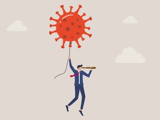 Businessman flying with a coronavirus pathogen balloon, investors or business owners seeking business profits from the coronavirus outbreak concept.