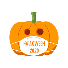 Pumpkin wearing medical face mask in flat design. Halloween festival in Covid-19 Coronavirus outbreak concept vector illustration on white background.
