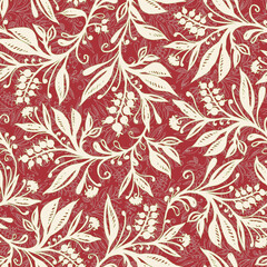 Floral seamless pattern with leaves and berries in wine red, green and cream colors, hand-drawn and digitized. Design for wallpaper, textile, fabric, wrapping, background.