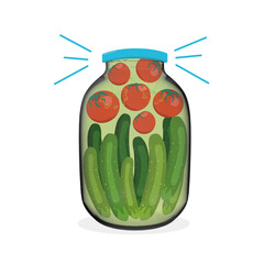 three liter glass jar with pickles and tomatoes