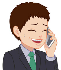 引きつった笑顔の通話中ちびキャラ　男性　タイプC