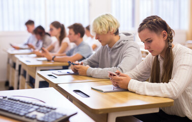 Fototapeta premium Portrait of teen pupils using mobile phones during lesson