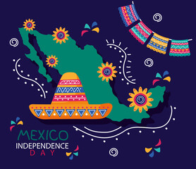mexico independence day celebration lettering with mariachi hat and map