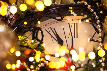 Fototapeta premium Retro clock nearing midnight new year's toys and lights New Year's and Christmas holiday background.