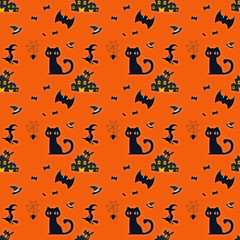Halloween black cat, haunted house, witch, bat, spider, spider web and witch hat cartoon on orange background seamless pattern.