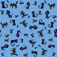 Halloween black cat cartoon on blue background seamless pattern.