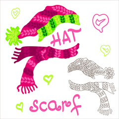 Vector clipart knitted hat with pompom and scarf winter, autumn on a white background. Line, outline, in color. Flat illustration