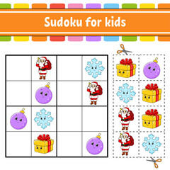 Fototapeta premium Sudoku for kids. Education developing worksheet. Activity page with pictures. Puzzle game for children. Logical thinking training. Isolated vector illustration. Funny character. Cartoon style.