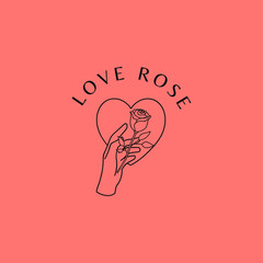 Vector Simple Hand with Rose Flower Love Shape Beauty Line Art Logo Illustration Template Icon 