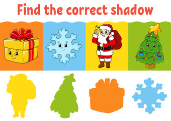 Find the correct shadow. Education worksheet. Matching game for kids. Color activity page. Puzzle for children. Cartoon character. Isolated vector illustration.