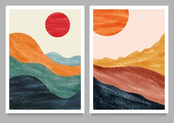 creative minimalist hand painted illustrations of Mid century modern. Abstract nature, sea, sky, sun, river, rock mountain landscape poster. Geometric landscape background