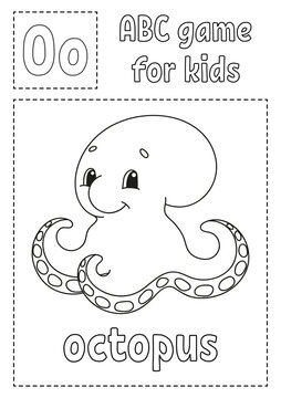 Letter O is for octopus . ABC game for kids. Alphabet coloring page. Cartoon character. Word and letter. Vector illustration.