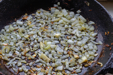 Sauteed onions in pan Close-up.
