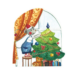 Watercolor illustration of little mouse decorates a Christmas tree on New Year's Eve.