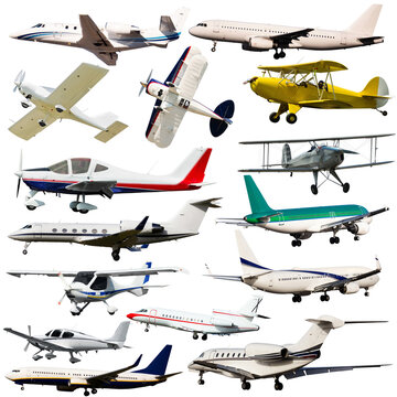 Collection of civil passenger aircrafts isolated on white background..