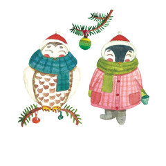 Watercolor illustration with penguin and owl.