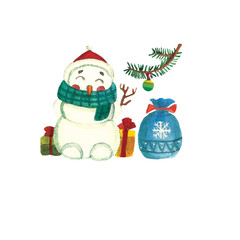 Watercolor illustration with a snowman and a bag of gifts