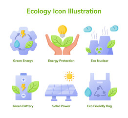 Fototapeta premium Ecology icon set collection green energy energy protection eco nuclear green battery solar power eco friendly bag white isolated background with flat style