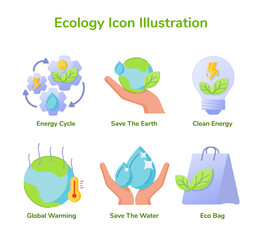 Ecology icon set collection energy cycle save earth clean energy global warming save water eco bag white isolated background with flat style