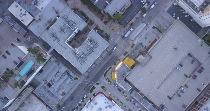Long Beach, California / USA - Diagonal Aerial Drone Shot of Rooftops in Downtown Long Beach