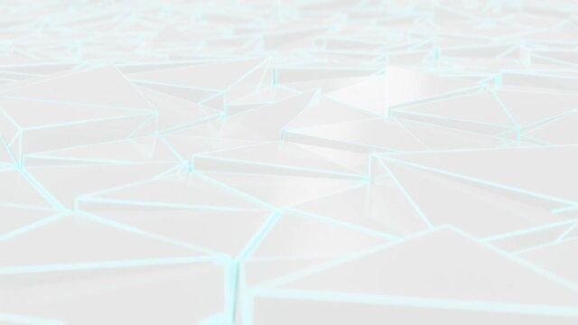Low-poly white waving surface with glowing light. 3D abstract background. Seamlessly looping footage.