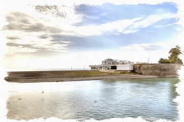 Obraz premium City Sochi. House on the spit. Imitation of a picture. Oil paint. Illustration