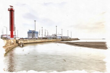 City Sochi. Marine port. Imitation of a picture. Oil paint. Illustration