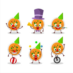 Naklejka premium Cartoon character of mashed orange potatoes with various circus shows