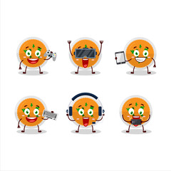 Mashed orange potatoes cartoon character are playing games with various cute emoticons