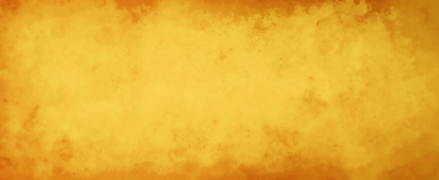 Gold background with old texture and distressed vintage grunge and watercolor paint stains and spatter drips in elegant yellow paper illustration with orange border