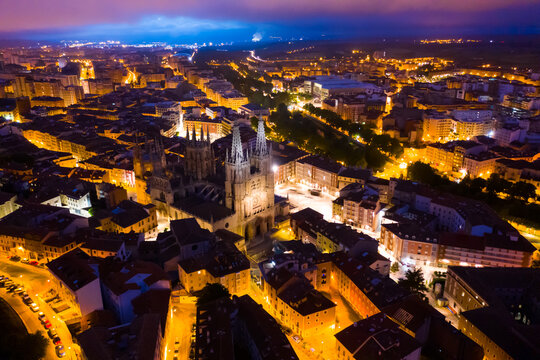 Evening view of the Burgos city and Cathedral from high, Burgos, Spain