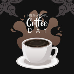 Obraz premium international coffee day celebration with cup hot and leafs