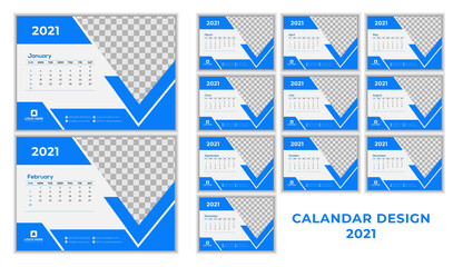 Desk calendar design for 2021 year in clean minimal style. Creative modern design with basic shapes. Week Starts on Sunday. Set of 12 Months. Ready for prin