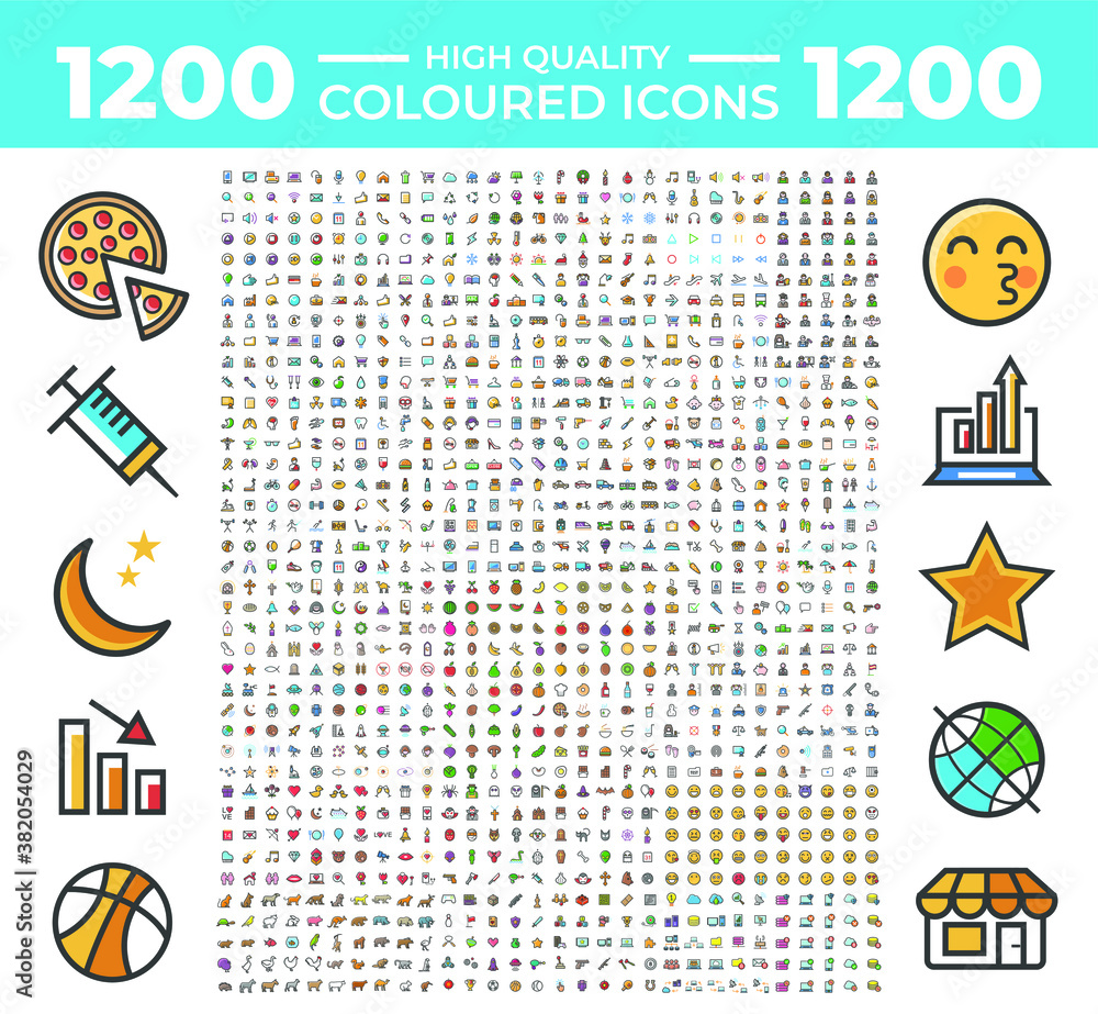 Poster set of 1200 high quality solid colorful icons on white background . isolated vector elements
