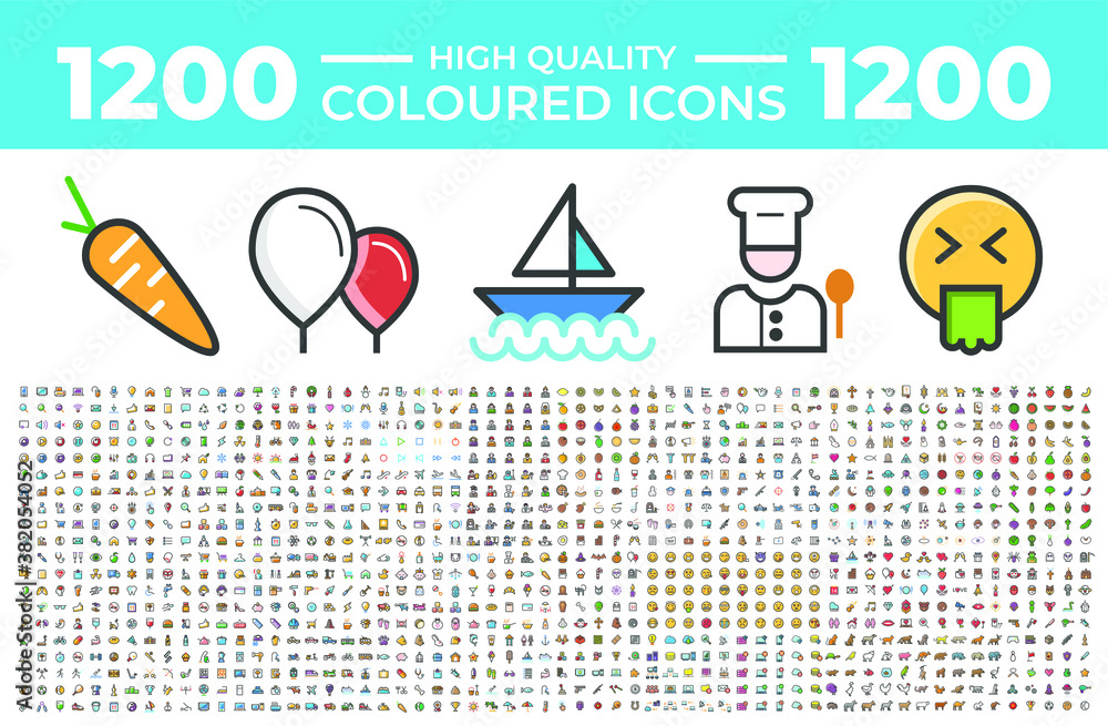 Poster set of 1200 high quality solid colorful icons on white background . isolated vector elements