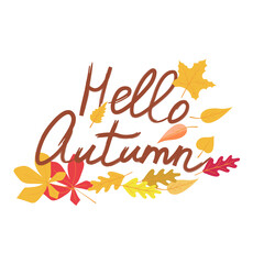 Hello Autumn calligraphy with a background of autumn leaves