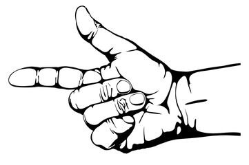 Black and white drawing. The hand with the forefinger and thumb extended.