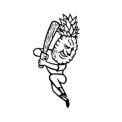 Pineapple Baseball Player Batting With Bat Mascot Black and White