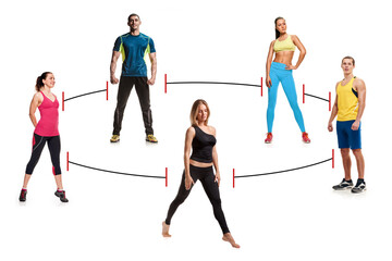 the concept of actions that can be performed together, physical distance during fitness classes. collage