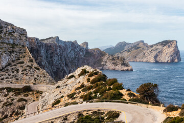 Beautiful view over the water and mountains of Mirador Es Colomer, Cap de Formentor, Palma de Mallorca, Balearic Islands, Spain