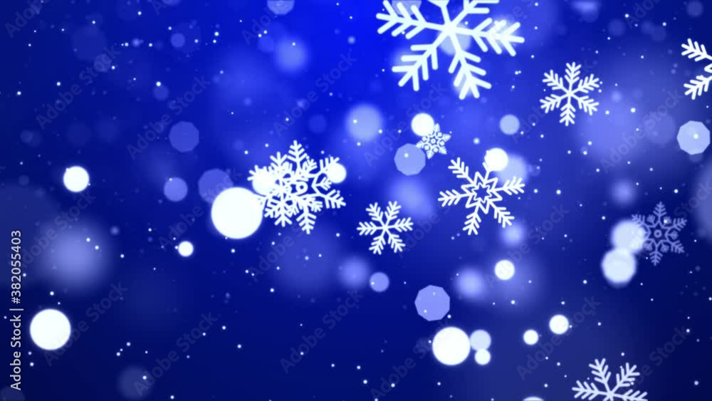 Poster falling abstract particles star snowflakes animation on blue dark loop background. snow fall 3d rend