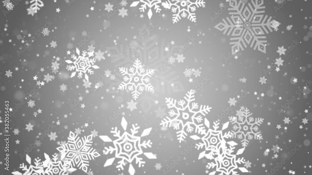 Poster snowflakes in different shapes and forms. white cold flake elements on loop background. heavy snowfa
