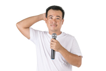 Shy or forget about speech concept. Portrait Asian man holding black wireless microphone and feel worry to speak in studio isolated on white
