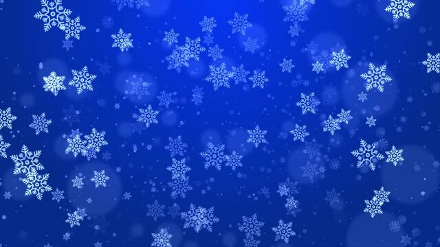 Abstract Flying snowflakes on a light Blue loop background. Winter snowflakes. Falling snow. for Merry Christmas and Holiday, Happy New Year Festivel, birthday, Party, Invitation, Wishes
